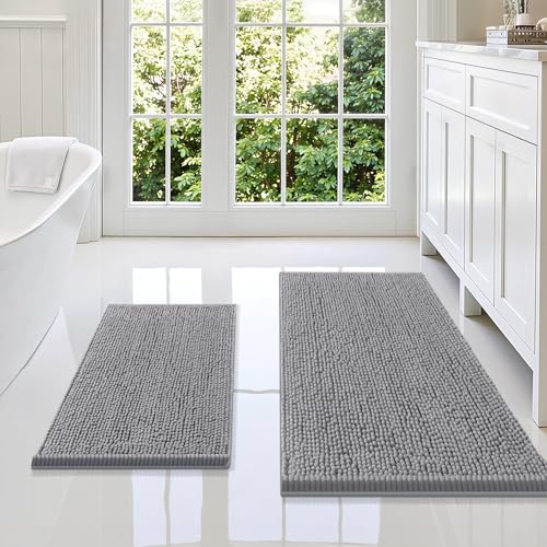 Image of Smiry Bathroom Rugs Sets 2 Piece, Soft Absorbent Chenille Machine Washable Non Slip Shaggy Bath Rug Set for Tub, Shower, and Floor (36x24+24x16, Grey)