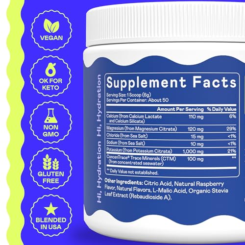 Image of Hi-Lyte K1000 Blue Raspberry Electrolytes Powder, 50 Servings - 1000mg Potassium + Magnesium, Sodium, Trace Minerals - 0 Carbs, 0 Sugar