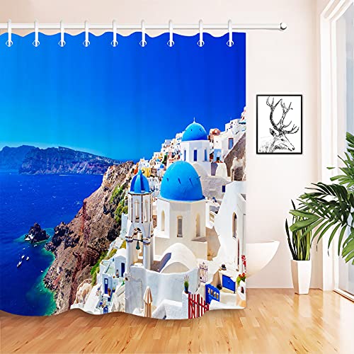 JOOCAR Bathroom Decorative, Greek Scenery Santorini White Stone Palace European City Seaside Landscape - Image 2