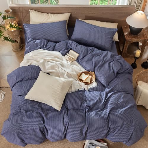 Image of MooMee Striped Duvet Cover Set 100% Washed Cotton Linen Like Queen | Relaxed Linen-like Texture. Soft, Breathable & Long-lasting Comfort. Lightweight. Hidden Zipper with 8 Interior Corner Ties