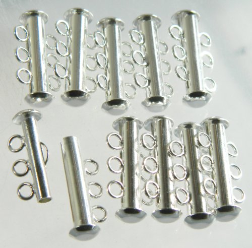 10 Pack Multi 3 Strand Slide Lock Clasps, Silver Plated Brass