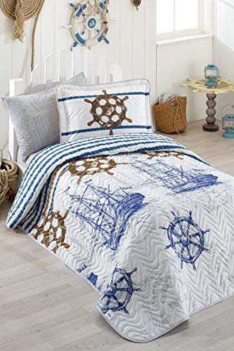paradise RANFORCE 100% Cotton Nautical Bedding, Vintage Ship Rudder Themed Bedspread Coverlet with Pillowcase, Blue White, Twin Size