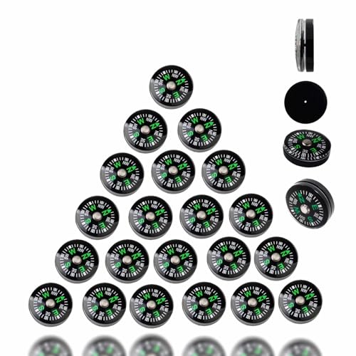 Pack de 25 Brújulas Mini Rellenas de Líquido - Brújulas Direccionales de Bolsillo de 20mm para Senderismo, Camping, Supervivencia y Actividades al Aire Libre, Color Negro con Marcaciones Verdes