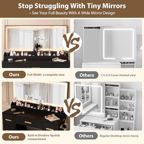 Garvee Vanity Desk with Large Mirror and Lights, 45.9In Makeup Vanity Desk, 3 Lighting Modes Adjustable Brightness, Vanity Table with Power Outlet &8 Drawers, for Powder Room and Bedroom