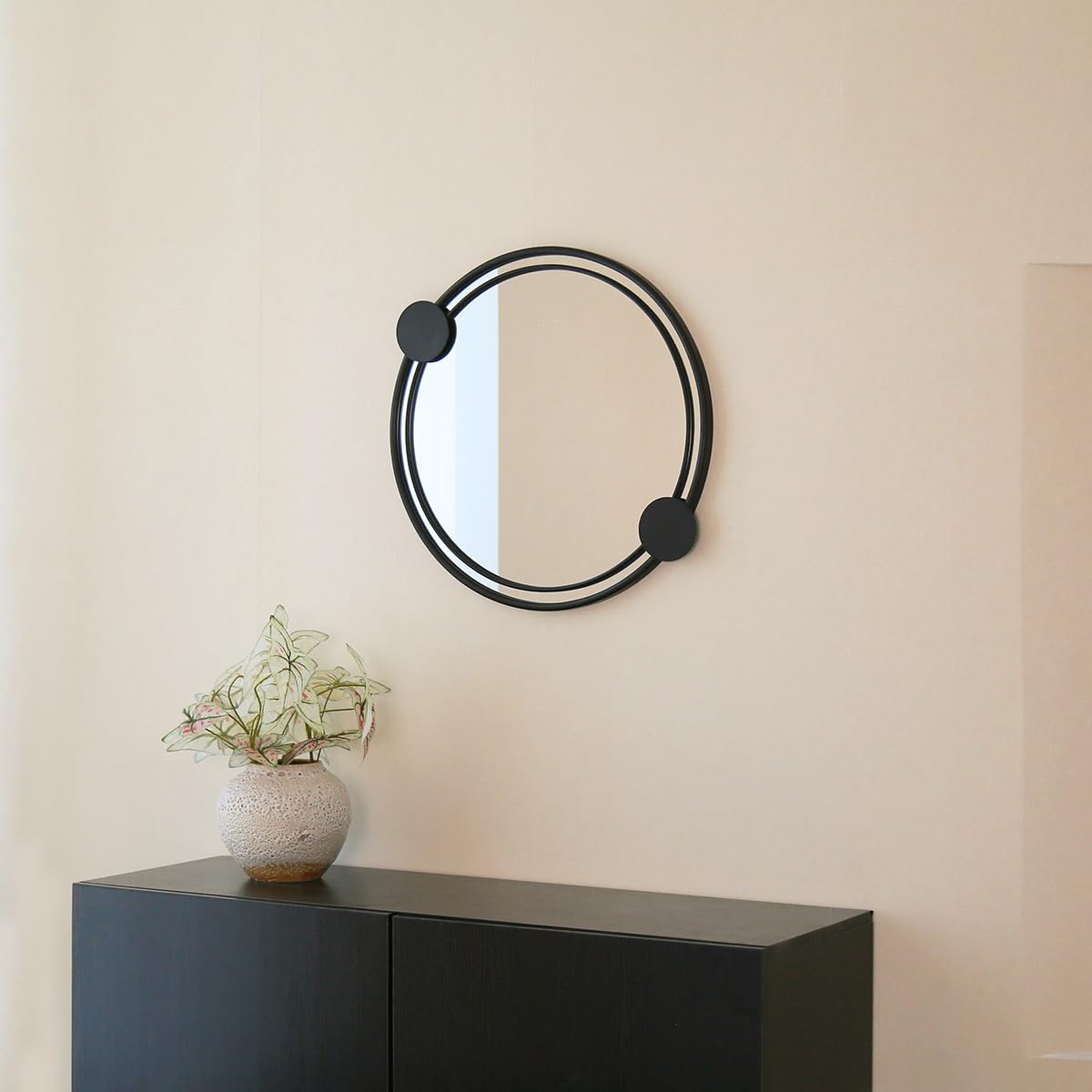 CHARLES BENTLEY Miroir Rond Mural Warsaw, décor Jardin, Cadre Noir, résistant météo, Verre 4mm incassable, Fer et Aluminium, 1 Point de Suspension (65x58cm)
