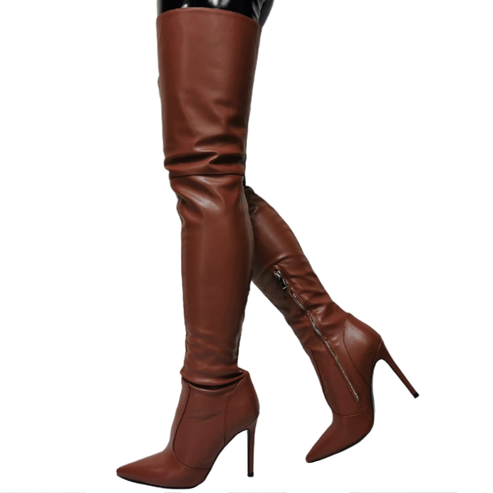 Mode Femme Marron sur Les Bottes au Genou Sexy Bout Pointu Cuissardes Bottes fétiche Talons Hauts Sexy Stripper Club Pole Dance Party Chaussures