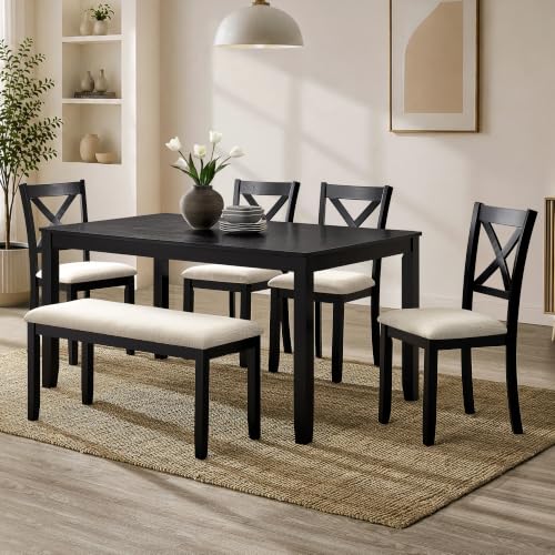 Image of Harper & Bright Designs 6-Piece Dining Table Set with Chairs & Bench,Black | Padded Beige Upholstered Seats, Space-Saving Bench, And Easy Assembly - Perfect For Families And Apartments