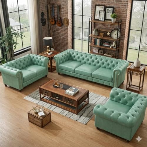 Image of Classic Leatherette Chester Sofa Set Button Tufted, Classic Style Sofa Set 3-Person Sofa for Living Room, Office, and Hallway Colour (Mint Green Leatherette, 3+2+1=6 Seater Sofa)