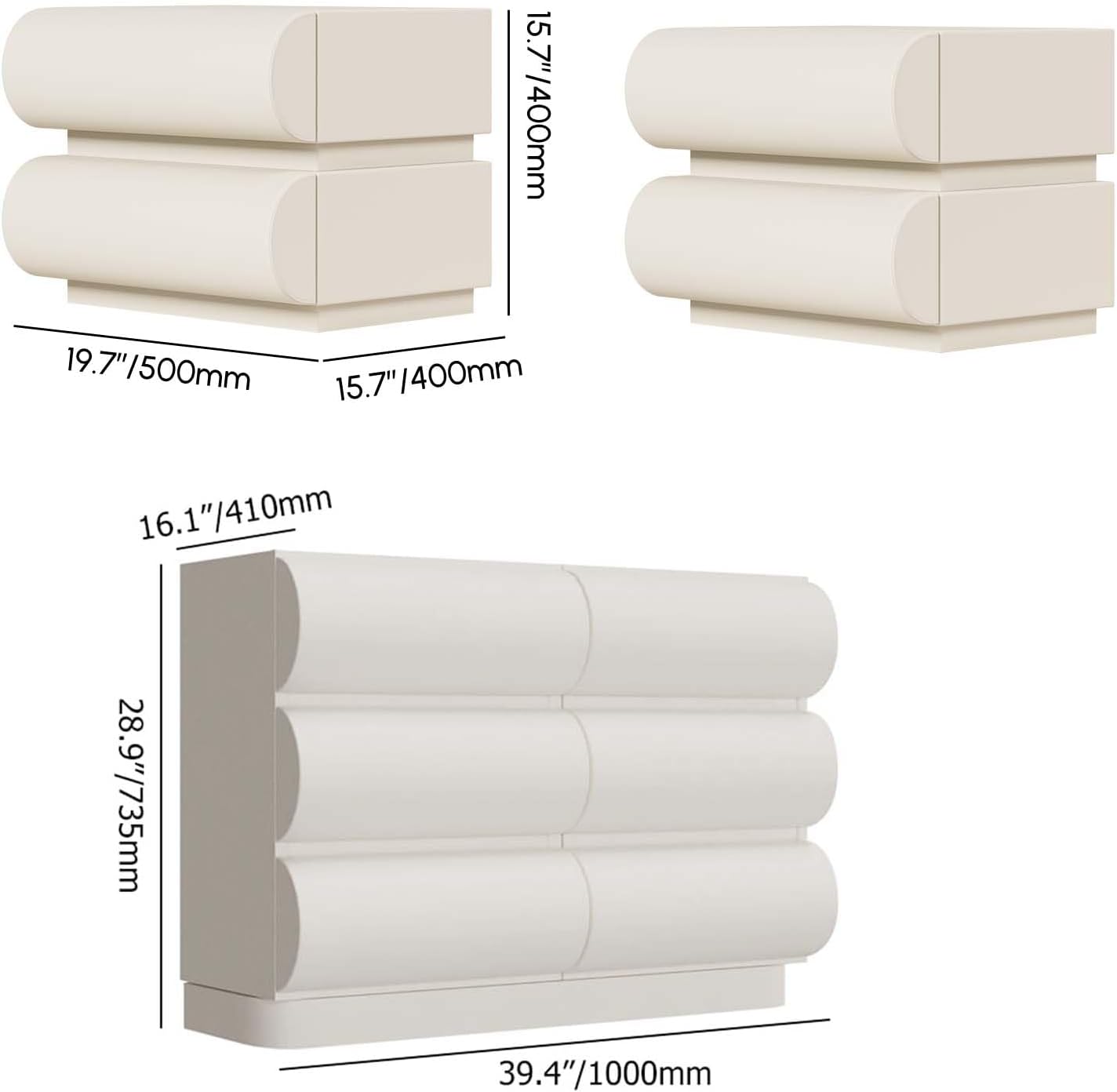 homary 3 Piece Bedroom Sets, White Nightstands Set of 2 and 6 Drawers Dresser, Smart Night Stand with Wireless Charging USB, Faux Leather Chest of Drawers Storage Drawers 3Pcs