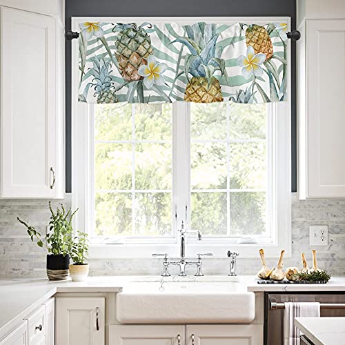 Valance Curtains - Tropical Fresh Pineapple Window Treatment Tiers Rod Pocket, Flower Leaf Window Valances Kitchen Living Room Curtain Sets 3 Panels (54In X 24In), Tier Curtains #TOP2