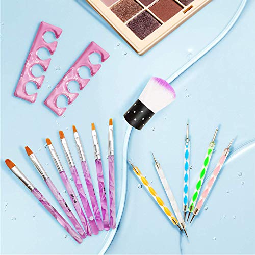15Pcs Acrylic Nail Brush Set,7 Gel Nail Art Brushes and 5 Double Ended Nail Dotting Pen,2 Finger Toe Separators,Soft Kabuki Brush For Nail Painting With Box,Acrylic Brushes for Nail Salon Home