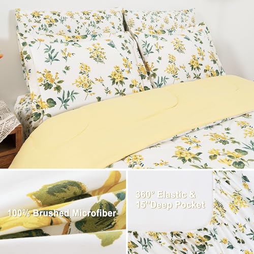 Image of lasoftan Floral Queen Comforter Set with Sheets, 7 piece Luxury Vintage Bedding, Soft Microfiber Bed in a Bag, Cozy Lightweight Bed Set, Yellow Flower Green Leaves