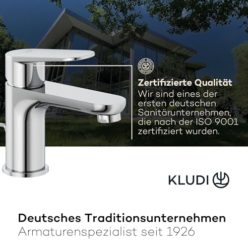 KLUDI-X1 Waschtischarmatur mit Zugstangen-Ablauf, Auslaufhöhe 75 mm, wassersparender Wasserhahn Bad Größe S, Keramikkartusche, Mischbatterie Waschbecken inkl. Anschlussschläuche in Chrom
