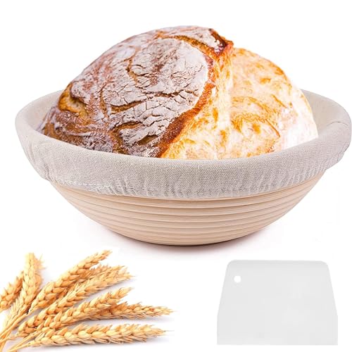 Round Proofing Basket Made of Natural Wicker Cane Diameter 25 cm Round Proofing Basket for Bread Baking - Set with Dough Scraper for 1Kg Bread Whole Grain Bread and Sourdough Bread