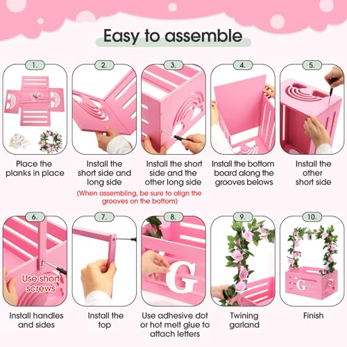 Image of Yerliker Wooden Baby Shower Crate Closet Rainbow Storage Hamper with Handle Garland 26 Letter Basket Baby Shower Wooden Gift Crate for Girls Boys Pregnancy Gifts for Parents(Pink)