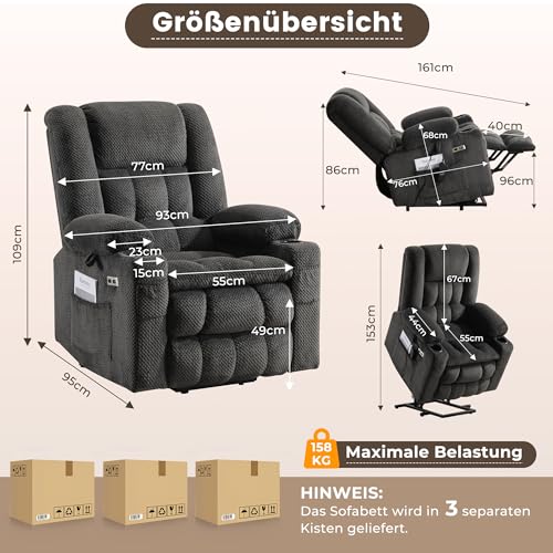 PALLOME Elektrischer Aufstehsessel für Senioren, Fernsehsessel Relaxsessel mit Massage & Wärme, Liegesessel mit Aufstehhilfe, Massagesessel Wohnzimmer (Grau) – Bild 3
