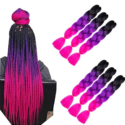Black Purple Rose Red Ombre Braiding Hair Extensions 6 Packs High Temperature Synthetic Fiber Coloured Hair for Braiding Extensions Box Braids Crochet Twist Box Braids