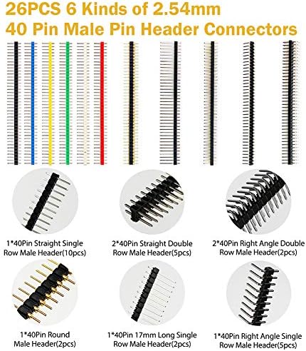 WayinTop Pin Headers Socket Connectors and Jumper Caps Assortment Kit, 300pcs 2.54mm Computer Jumper Caps + 35pcs PCB Board 40Pin Straight/Right Angle/Round Single/Double Row Male Female Pin Headers