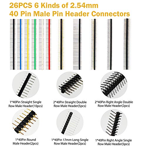 WayinTop Pin Headers Socket Connectors and Jumper Caps Assortment Kit, 300pcs 2.54mm Computer Jumper Caps + 35pcs PCB Board 40Pin Straight/Right Angle/Round Single/Double Row Male Female Pin Headers