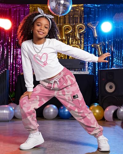 Image of Betusline Girls Fall Winter Clothing Sets, Long Sleeve Crop Top & Cargo Jogger Pants 2 Piece Outfit Sets,4T-14Y