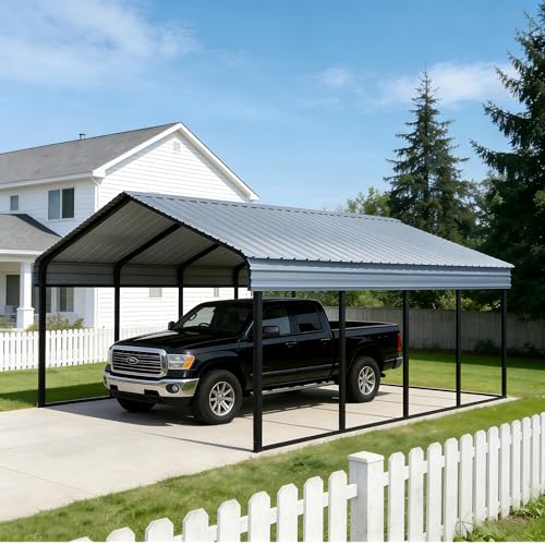 Poborin 12x20 ft Metal Carport & Portable Garage, Heavy Duty with Galvanized Steel Roof & Frame - Large Tall Carports Canopy for Snow, Grey for Outdoor Garages