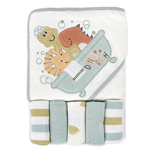 Image of Baby Hooded Towel and Washcloth Set for Infants, Boys and Girls 6-12 Months (Drippy Dinos)