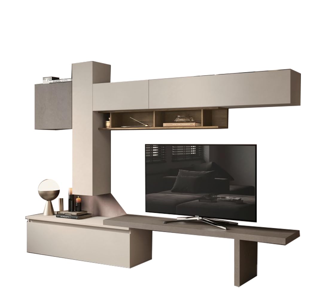 ARREDO DA CASA Parete Attrezzata Soggiorno Design Moderno 290x210 cm con 1 Mensola 4 Pensili Sospesi e Mobile Porta TV con Cassetti e Piano d’Appoggio Bronzo Beige e Noce PAL61