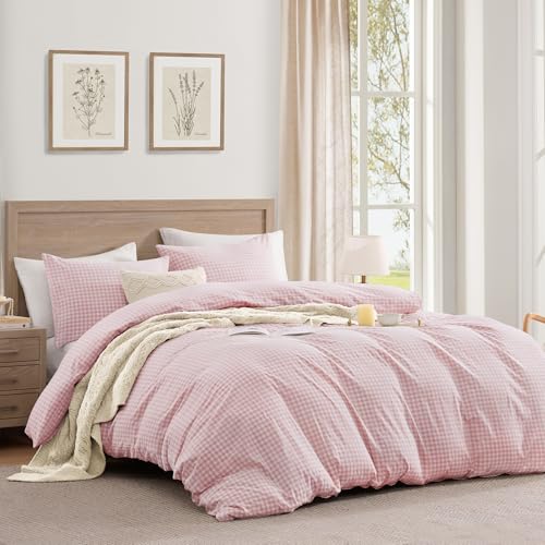 Image of Andency Pink Gingham Duvet Cover Twin, 100% Wash Cotton Linen Like Textured Breathable Comforter Cover Set, 2 Piece Blush Classic Yarn-Dyed Checkered Plaid Bedding Set for Dorm Kids Teens, 66 inch*90 inch