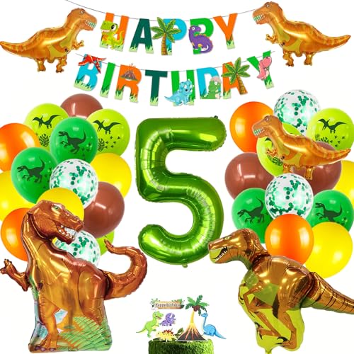 Image of Dinosaur Party Supplies for 5 Year Olds,Foil Balloons Set Birthday Party Decorations Kit Foil Balloons,Banner,Cake Toppers for Boys Girls Birthday Party