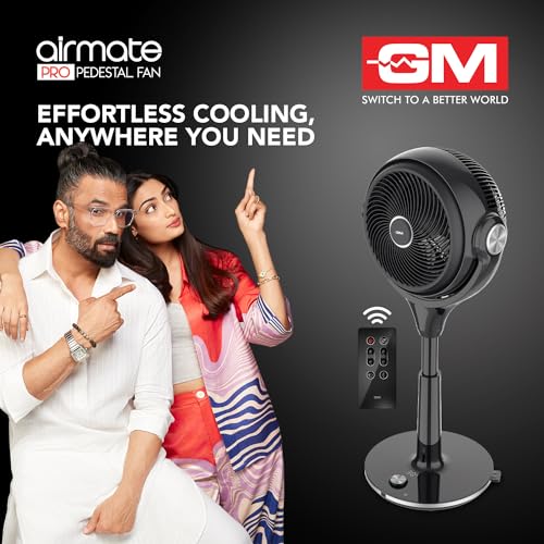 Image of GM Airmate Pro Pedestal Fan with Remote | Black| 230mm Sweep | BLDC Motor | 3D Oscillation | 30-Speed Control | Silent Operation | Timer | Adjustable Height | Powerful Cooling Fan