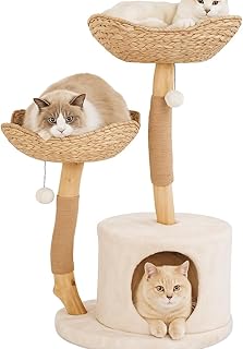 KONELCARE Wooden Cat Scratching Post Modern Design Cat Tower, Natural Scratching Post, 2 Hand-Woven Baskets, Cat Cave, for Large Cats, 98 cm product image