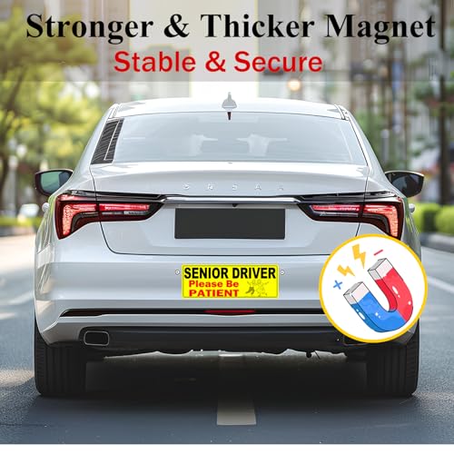 Image of 2 Pack Senior Driver Car Magnet Sign, Elderly Driver Magnet for Car, Please Be Patient Caution Sign to Old Grandma and Grandpa, Gag Prank Funny Gifts for Women, Men(Black - 2 Pack)