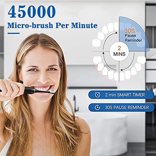 Image of Electric Toothbrush with 8 Brush Heads, 42000vpm 6 Modes IPX7 Waterproof, Soft Electric Toothbrush for Adults - 2 Pack, Black+White