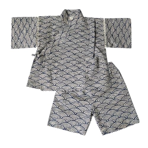 [SLINX] ベビー 甚平 子供 上下セット 和柄 ベビー服 男の子 女の子 男児 女児 じんべい 花火大会 夏祭り夏 お盆休み 夏休み セットアップ 涼しい 部屋着 パジャマ HF03 (グレー波, 100)