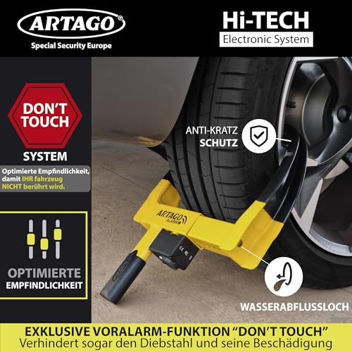 ARTAGO ART872 Hochwertige Radkralle 2in1 Ohne/Mit Alarm 120dB+LED, Die Sicherste Parkkralle, Patentiert, Rostgeschützt, Wegfahrsperre Reifenkralle für Auto Wohnmobil Wohnwagen Anhänger