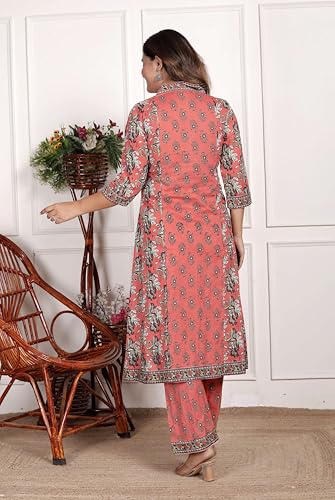Image of Women's Cotton Printed Straight Kurti With Pant and Dupatta Set (PEACH)