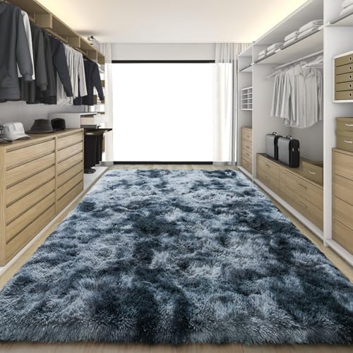 KING DARE 4x6 Rugs for Bedroom, Shaggy Plush Fuzzy Non-Slip Soft Fluffy Carpet Washable for Living Room Dorm Playroom Kids Room, Modern Home Decor Aesthetic, Blue and Grey