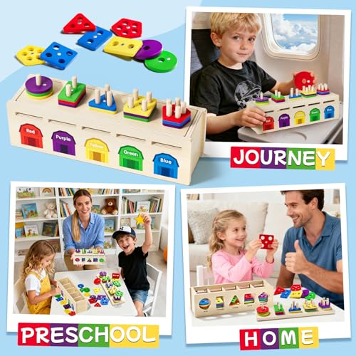 Image of Montessori 4 in 1 Wooden Sorting Shape Sorter and Stacking Toy Box Color Matching Counting Fishing Game Preschool Educational Toys for 3 Years Boys and Girls Gifts