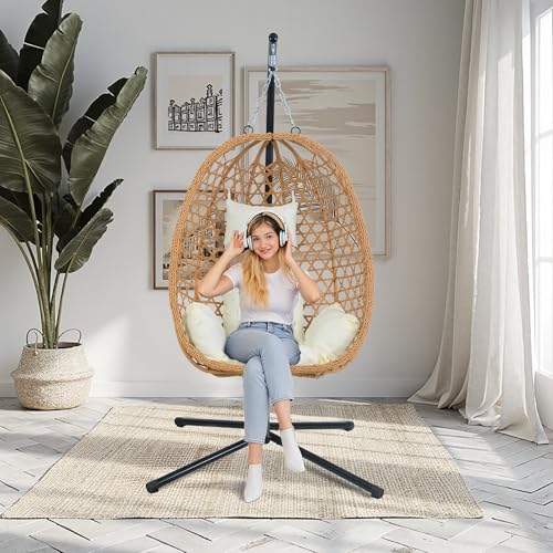 Hanging Egg Chair with Stand & Cushions - All-Weather Rattan