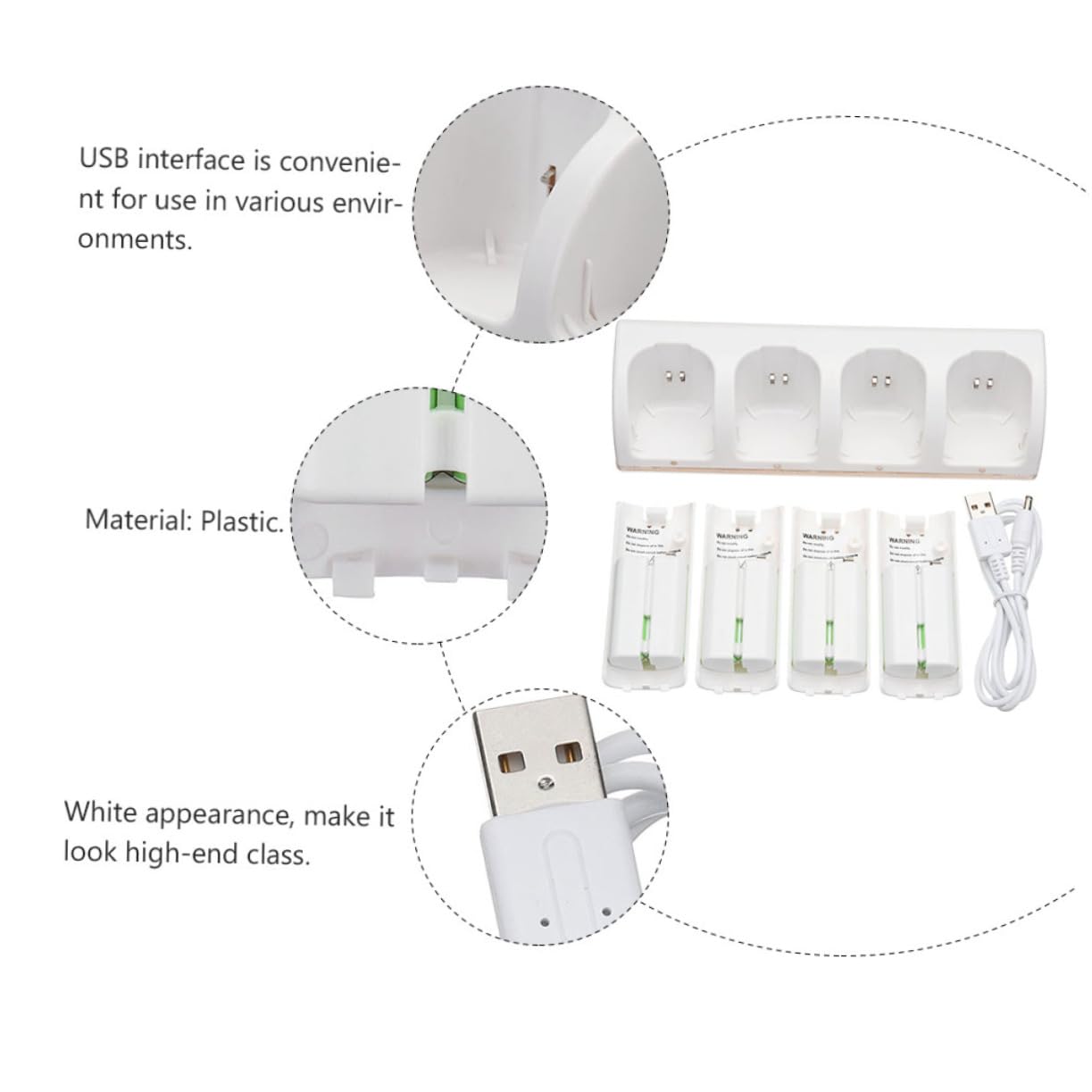 Caricabatterie USB per Batterie a 4 Slot in Plastica Bianca | Adattatore di Ricarica Facile da Trasportare, Stile Classico di Fascia Alta