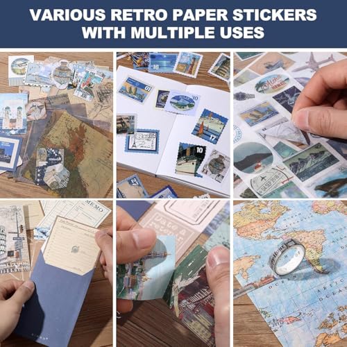 Image of GKN Scrapbook Kit 346 Pcs - Vintage Journal & Art Journaling Supplies, DIY Stickers, Planner & Craft Kit, Aesthetic Collage Album (Blue Global Travel)