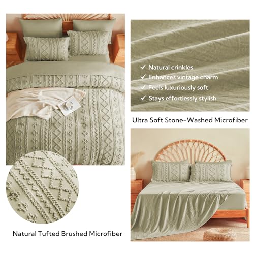 Image of MR&HM Boho Comforter Set King, Sage Green 7 Pieces Bedding Set, Farmhouse Shabby Chic Bed in a Bag with 1 Comforter, 2 Pillow Shams, 2 Pillowcases, 1 Flat Sheet, 1 Fitted Sheet for All Seasons