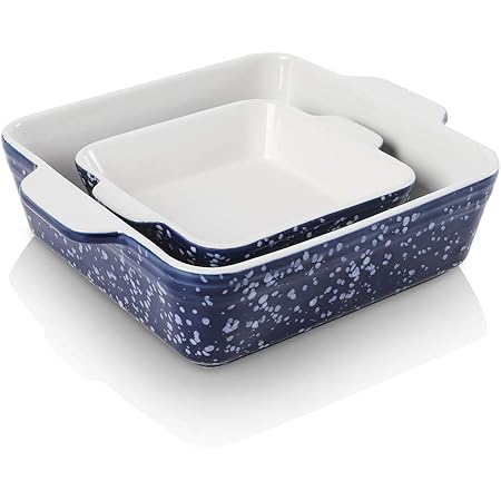 KOOV Ceramic Baking Dish Set of 2, Square Baking Pan 8 x 8 inches & 6 x 6 inches, Small Baking Dish Pans, Brownie Pan for Cooking, Cake Dinner, Kitchen, Snowflake Series (Aegean)