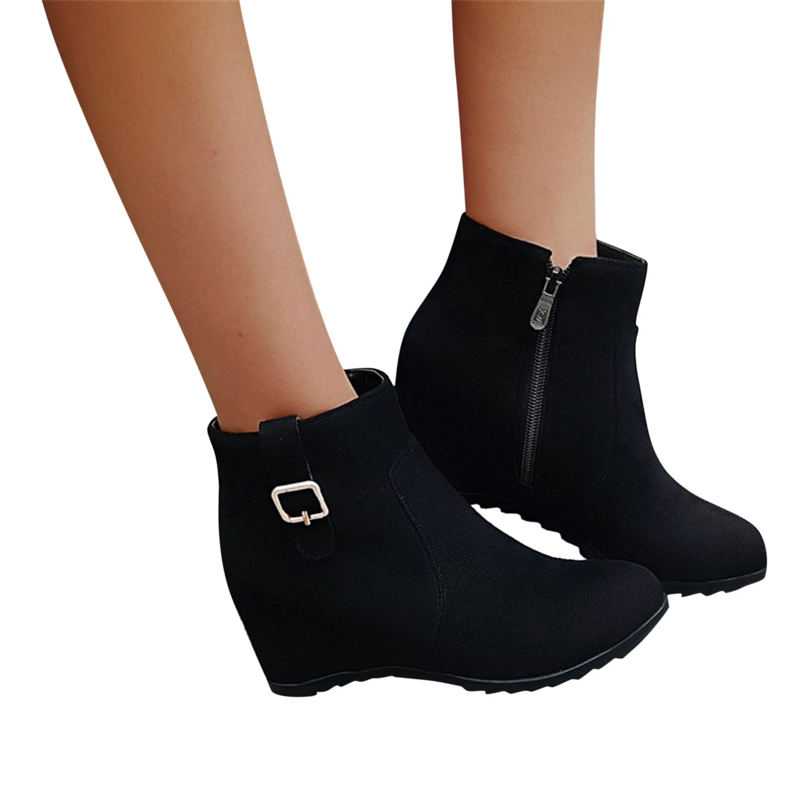 CEWIFOWomens Winter Snow Boots Waterproof Anti-Slip Ankle Booties Ladies  Fashion Solid Color Belt Buckle Inner Heightening Wedge Heel Side Zipper