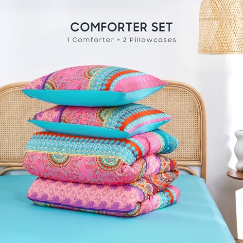Image of Wake In Cloud - Boho Comforter Set, Bohemian Chic Colorful Medallion with Geometric Botanical Flowers and Horizontal Stripes, Soft Lightweight Bedding, 3 Pieces, Pink Teal, Queen Size