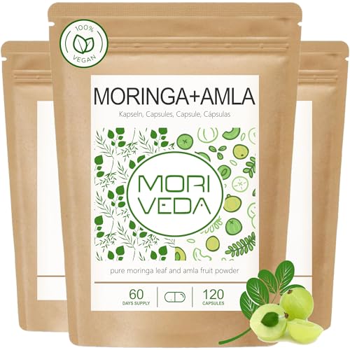 MoriVeda® Moringa + Amla 360 gélules I Moringa hautement dosées – La bombe vitaminée avec amlabéères pour le système immunitaire et la digestion I Vegan & sans gluten I 3 x 120 gélules