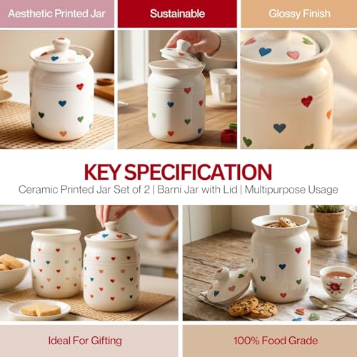 Image of Multi Heart Printed Ceramic Handglazed Pickle Jars Set of 2-1000 ML Each | 1 kg Achaar Martban Barni Jar with Lid | Ceramic Storage Jar Container Pickle, Chatney