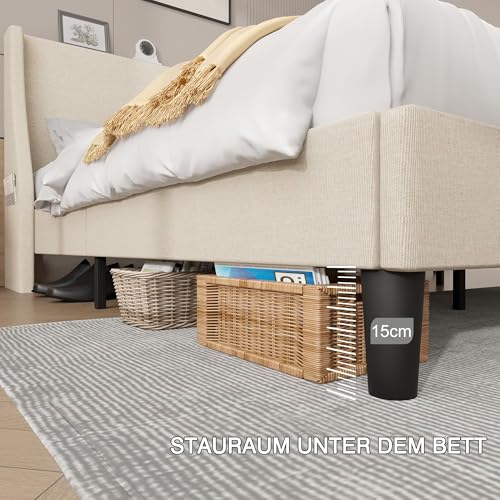 VECELO Polsterbett 140x200 cm mit USB & Type-C Anschlüssen, Doppelbett mit Kopfteil und 2 Seitentaschen, Bett Bettrahmen Bettgestell mit Lattenrost, Jugendbett, Leinen, Ohne Matratze, Beige