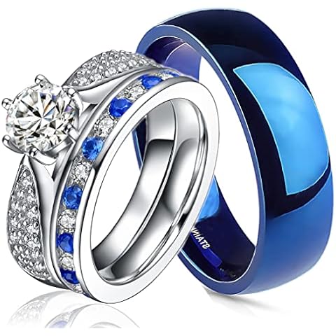 His and Hers 925 Sterling Silver Blue Saphire Stainless Steel Wedding Rings Set Blue #SP24BLMSBL (Size His 11, Hers 07) Cover