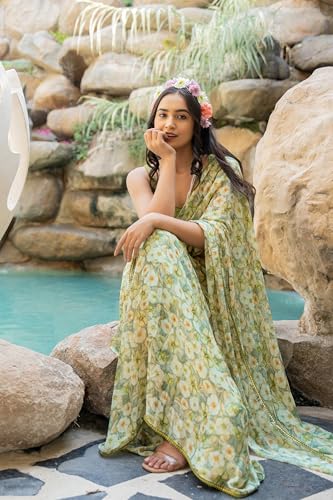 Image of MIRCHI FASHION Women Saree Floral Print Chiffon | Lightweight Festive Occasion Sari for Farewell and Functions with Unstitched Blouse Piece